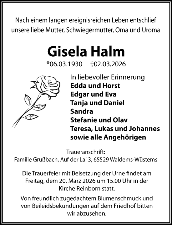 Traueranzeige von Gisela Halm von Camberger Anzeiger