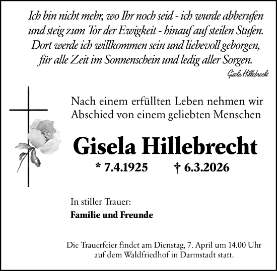 Traueranzeige von Gisela Hillebrecht von Darmstädter Echo