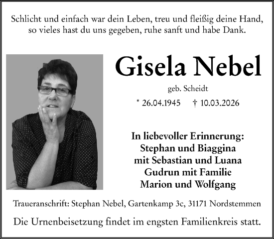 Traueranzeige von Gisela Nebel von Wiesbadener Kurier