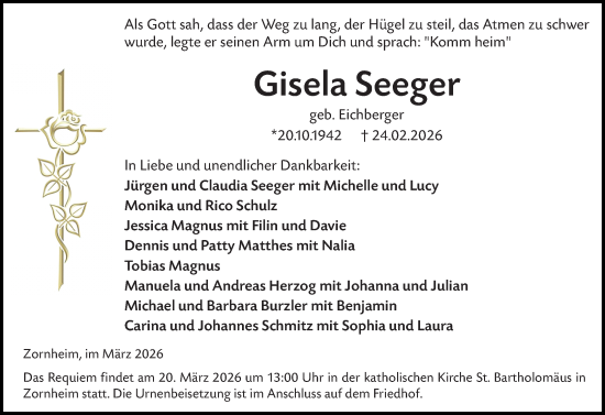 Traueranzeige von Gisela Seeger von Allgemeine Zeitung Mainz