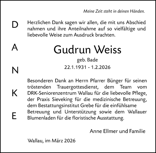 Traueranzeige von Gudrun Weiss von Hinterländer Anzeiger