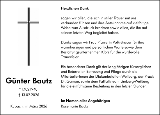 Traueranzeige von Günter Bautz von Weilburger Tageblatt