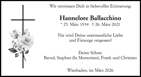 Traueranzeige von Hannelore Ballacchino von Wiesbadener Kurier