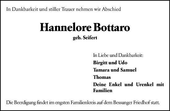 Traueranzeige von Hannelore Bottaro von Darmstädter Echo