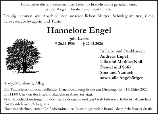 Traueranzeige von Hannelore Engel von Allgemeine Zeitung Alzey