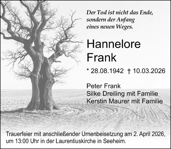 Traueranzeige von Hannelore Frank von Darmstädter Echo