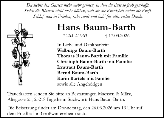 Traueranzeige von Hans Baum-Barth von Allgemeine Zeitung Rheinhessen-Nahe