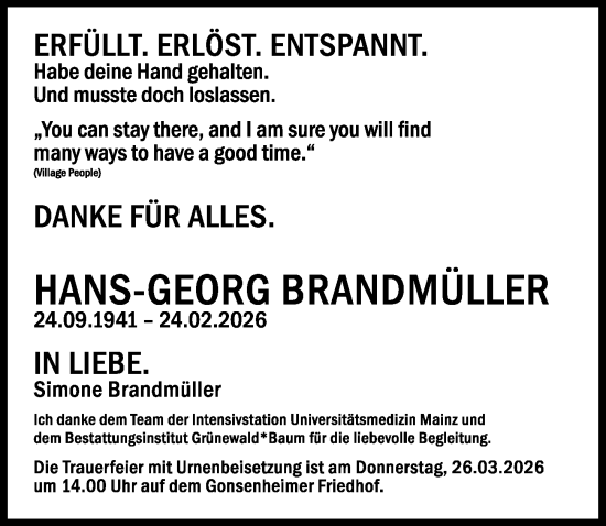 Traueranzeige von Hans-Georg Brandmüller von Allgemeine Zeitung Mainz