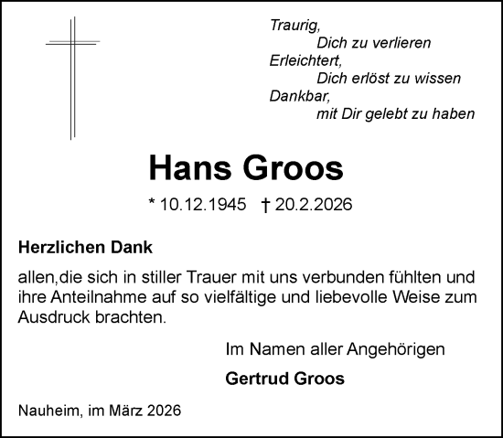 Traueranzeige von Hans Groos von Rüsselsheimer Echo