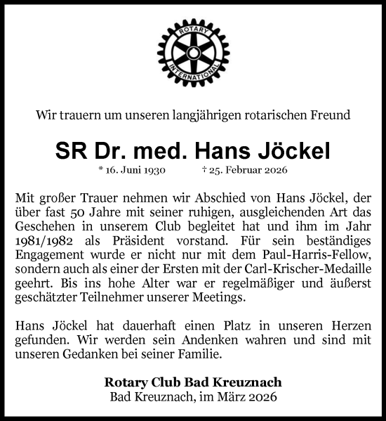 Traueranzeige von Hans Jöckel von Allgemeine Zeitung Rheinhessen-Nahe