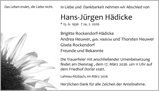 Traueranzeige von Hans-Jürgen Hädicke von Wetzlarer Neue Zeitung