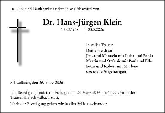 Traueranzeige von Hans-Jürgen Klein von Wetzlarer Neue Zeitung