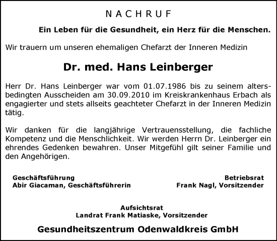 Traueranzeige von Hans Leinberger von Odenwälder Echo