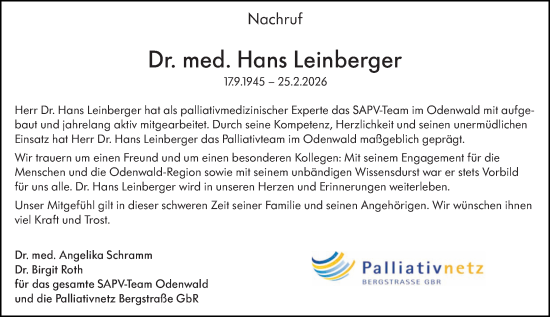 Traueranzeige von Hans Leinberger von Odenwälder Echo
