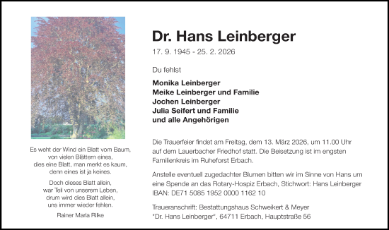 Traueranzeige von Hans Leinberger von Odenwälder Echo