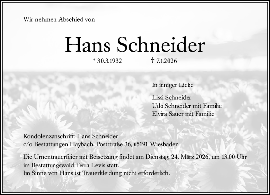 Traueranzeige von Hans Schneider von Wiesbadener Kurier