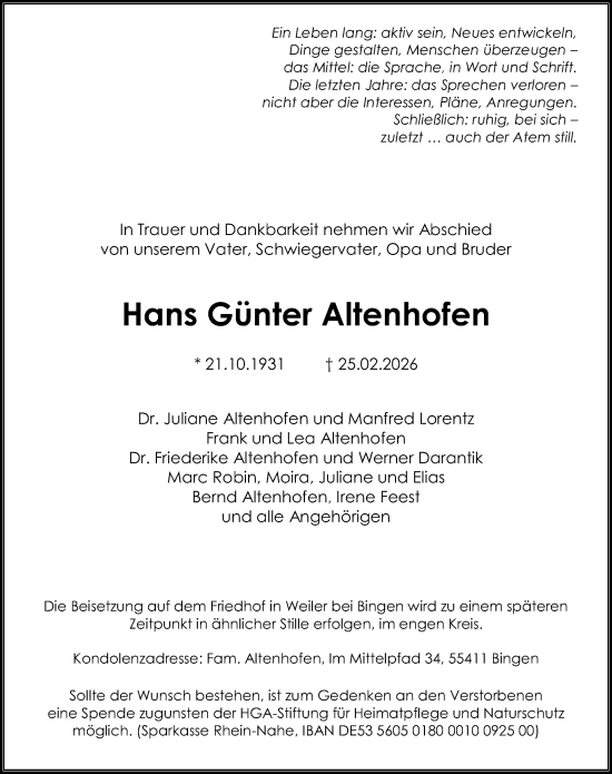 Traueranzeige von Hans Günter Altenhofen von Allgemeine Zeitung Rheinhessen-Nahe