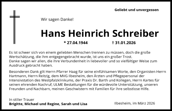 Traueranzeige von Hans Heinrich Schreiber von Allgemeine Zeitung Alzey
