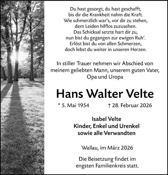 Traueranzeige von Hans Walter Velte von Hinterländer Anzeiger