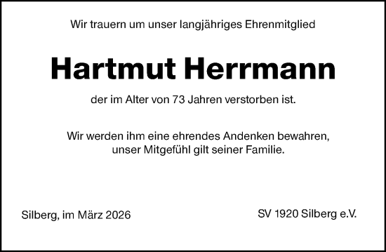 Traueranzeige von Hartmut Herrmann von Hinterländer Anzeiger