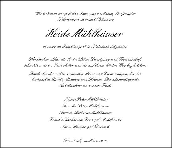 Traueranzeige von Heide Mühlhäuser von Odenwälder Echo