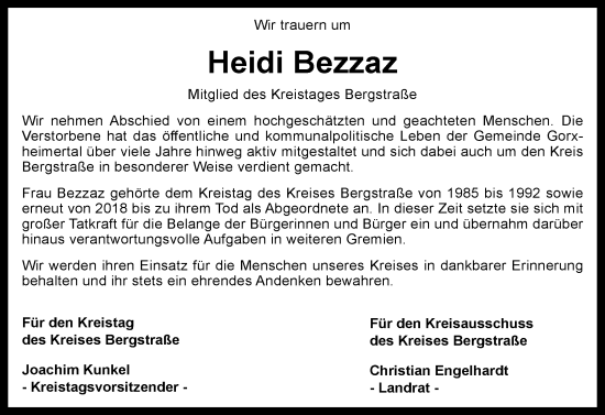 Traueranzeige von Heidi Bezzaz von Starkenburger Echo