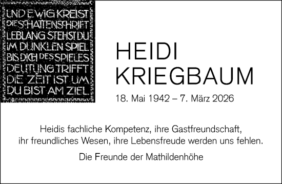 Traueranzeige von Heidi Kriegbaum von Darmstädter Echo