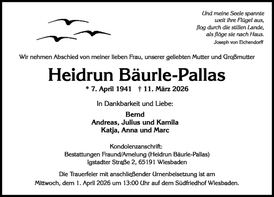 Traueranzeige von Heidrun Baurle-Pallas von Wiesbadener Kurier