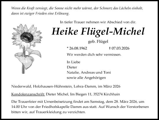 Traueranzeige von Heike Flügel-Michel von Hinterländer Anzeiger