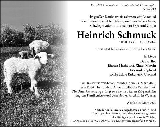 Traueranzeige von Heinrich Schmuck von Wetzlarer Neue Zeitung