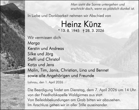 Traueranzeige von Heinz Künz von Wetzlarer Neue Zeitung