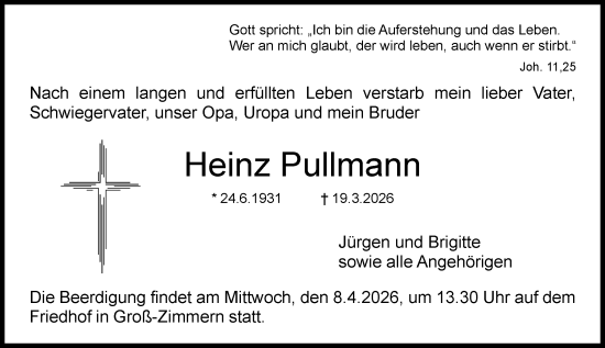 Traueranzeige von Heinz Pullmann von Dieburger Anzeiger/Groß-Zimmerner Lokal-Anzeiger