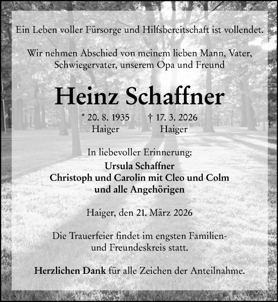 Traueranzeige von Heinz Schaffner von Dill Block