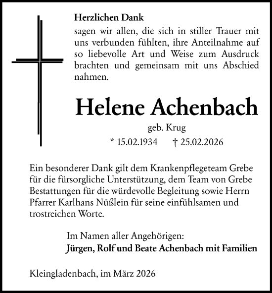 Traueranzeige von Helene Achenbach von Hinterländer Anzeiger