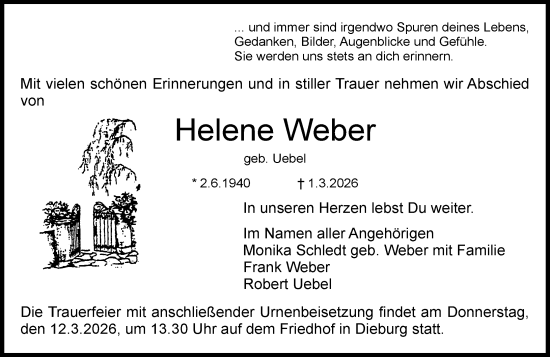 Traueranzeige von Helene Weber von Dieburger Anzeiger/Groß-Zimmerner Lokal-Anzeiger