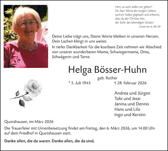Traueranzeige von Helga Bösser-Huhn von Hinterländer Anzeiger