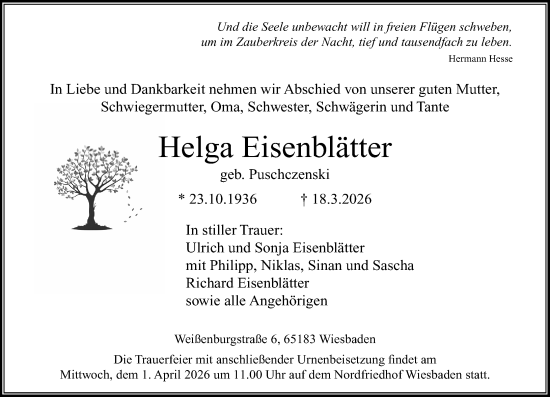 Traueranzeige von Helga Eisenblätter von Wiesbadener Kurier
