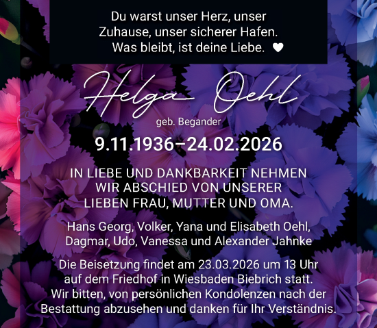 Traueranzeige von Helga Oehl von Wiesbadener Kurier