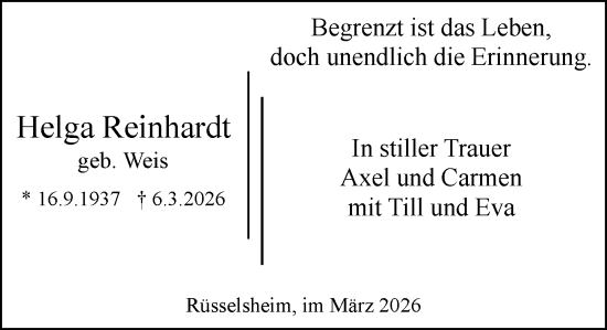 Traueranzeige von Helga Reinhardt von Rüsselsheimer Echo