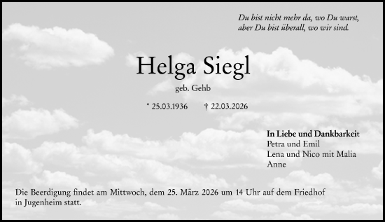 Traueranzeige von Helga Siegl von Darmstädter Echo