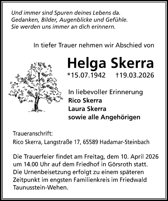 Traueranzeige von Helga Skerra von Idsteiner Land/Untertaunus