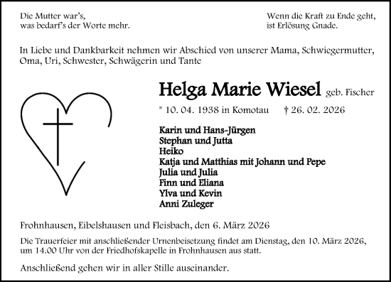 Traueranzeige von Helga Marie Wiesel von Dill Block