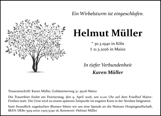 Traueranzeige von Helmut Müller von Allgemeine Zeitung Mainz