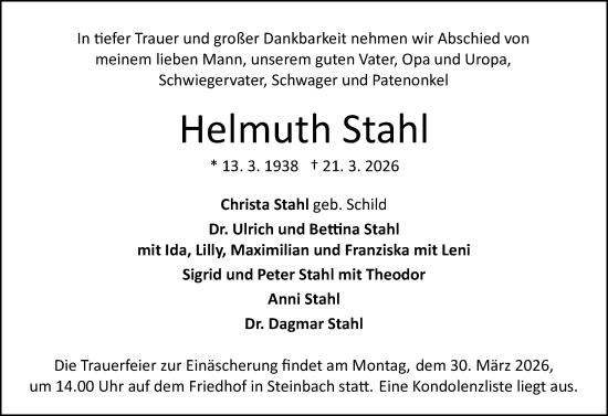 Traueranzeige von Helmuth Stahl von Odenwälder Echo