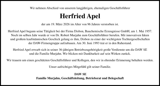 Traueranzeige von Herfried Apel von Darmstädter Echo