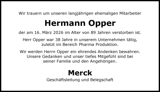 Traueranzeige von Hermann Opper von Darmstädter Echo