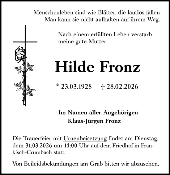 Traueranzeige von Hilde Fronz von Odenwälder Echo