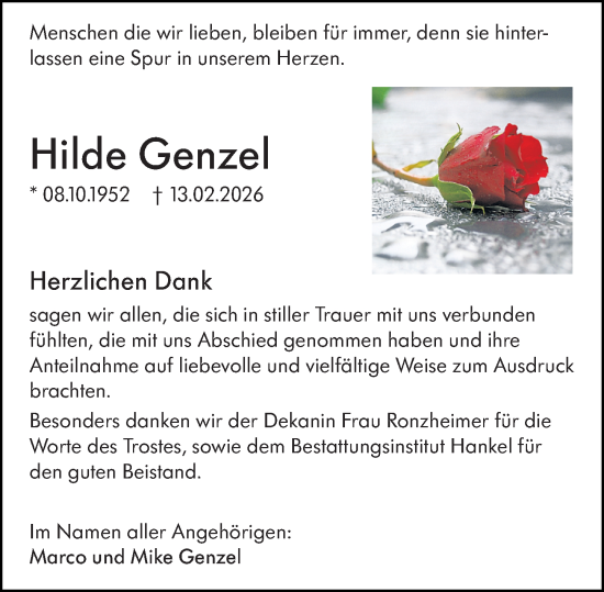 Traueranzeige von Hilde Genzel von Hinterländer Anzeiger
