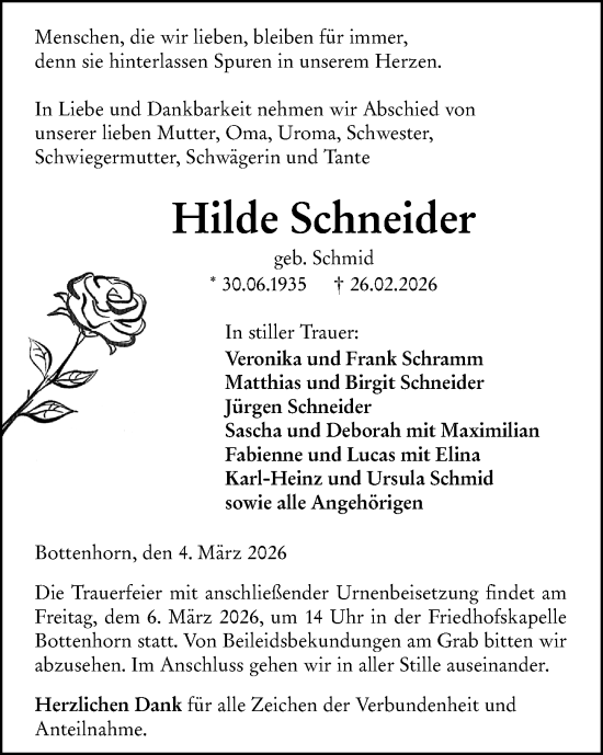 Traueranzeige von Hilde Schneider von Hinterländer Anzeiger