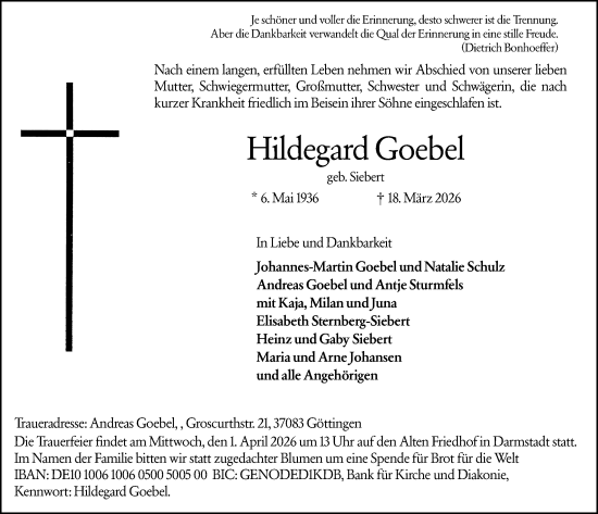 Traueranzeige von Hildegard Goebel von Darmstädter Echo
